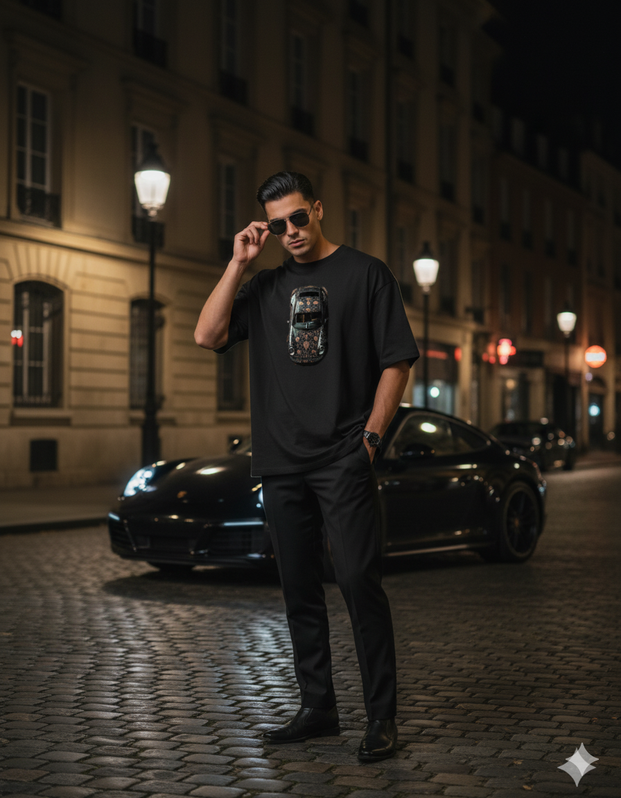 Men's Black T-Shirt with Mandala Car Print | Unique Sports Car Graphic Tee