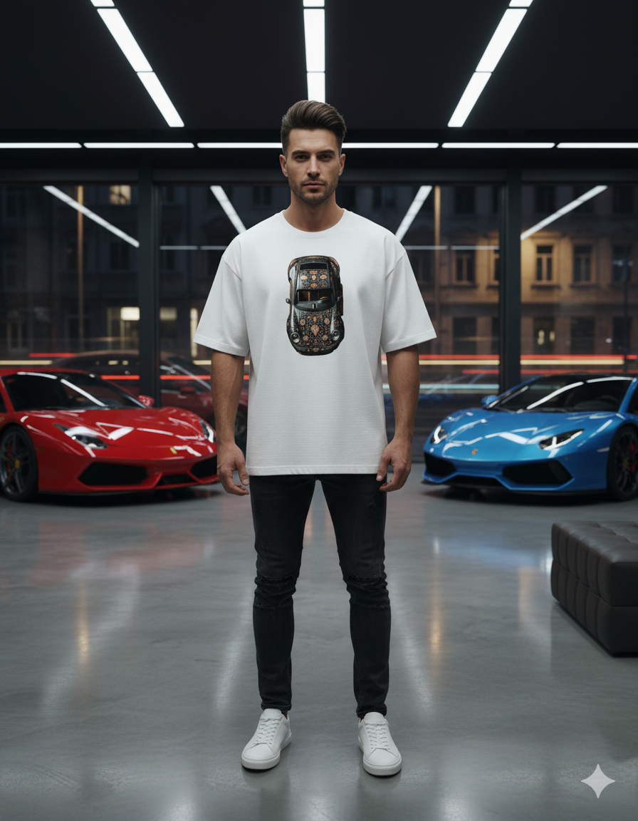 Men's Black T-Shirt with Mandala Car Print | Unique Sports Car Graphic Tee